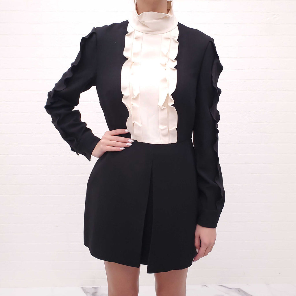 VALENTINO BLACK CREPE RUFFLED TUXEDO DRESS - SIZE 44
