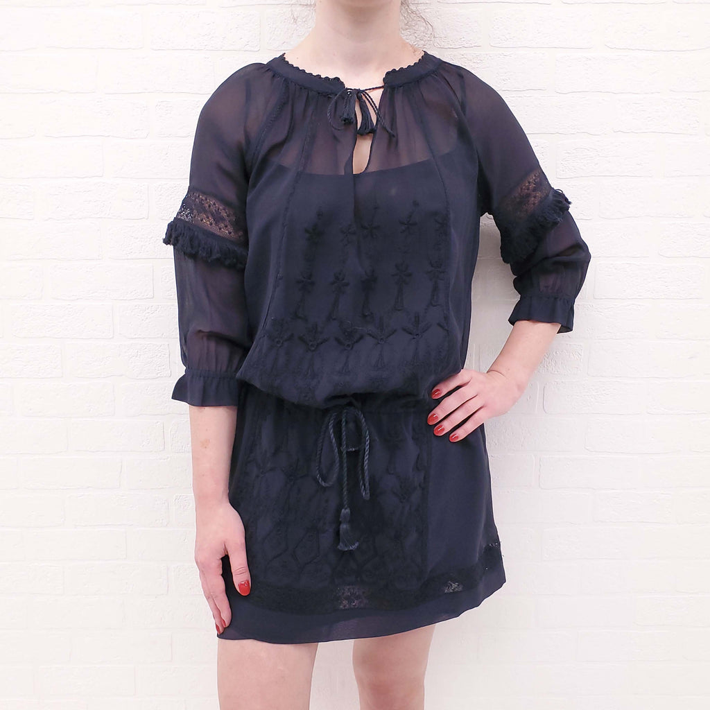 ULLA JOHNSON NAVY SILK DRESS WITH EYELET DETAILS - SIZE 2