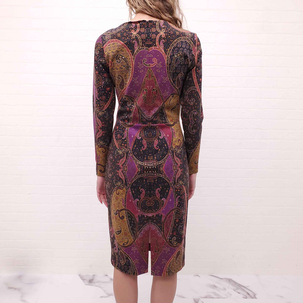 ETRO BLACK AND PURPLE PATTERNED STRETCH MIDI DRESS - SIZE 44