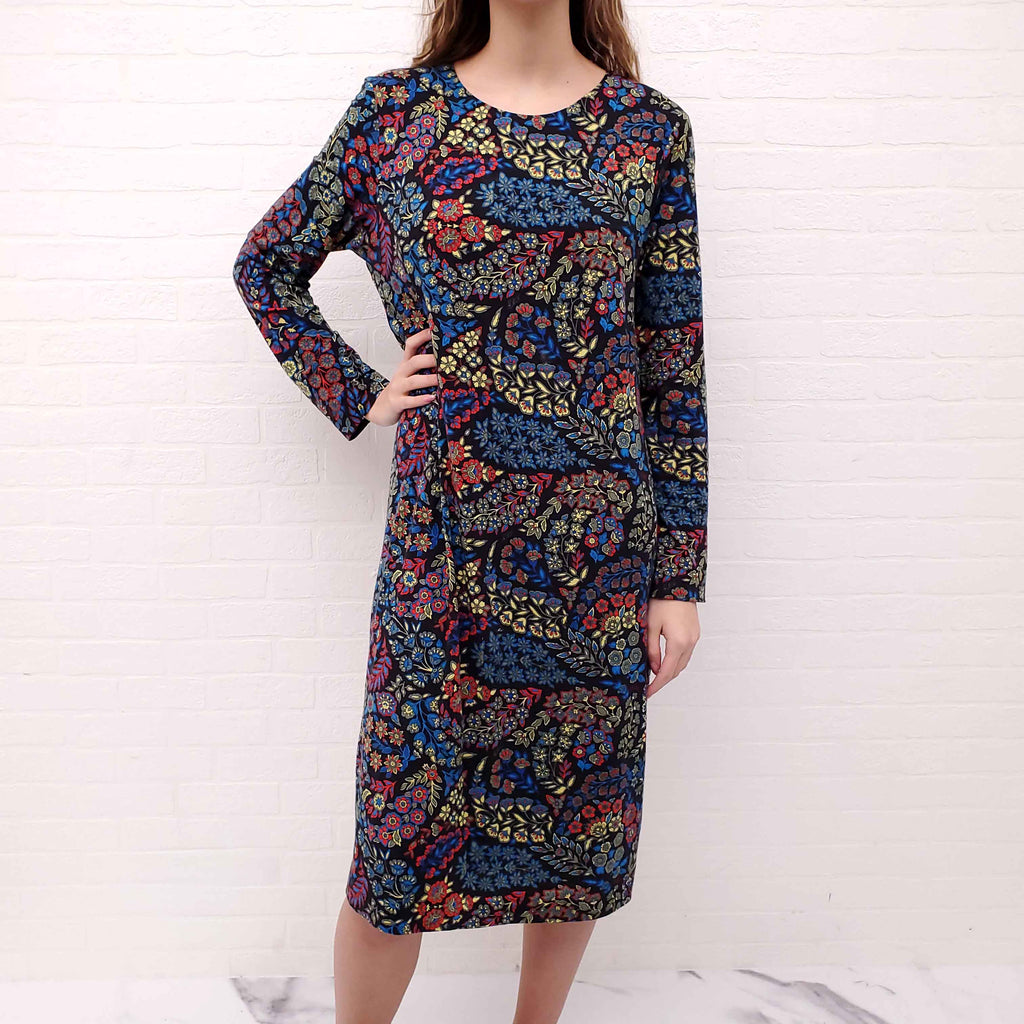ETRO BLACK, BLUE, AND GREEN PATTERNED LONG SLEEVE MIDI DRESS - SIZE 46