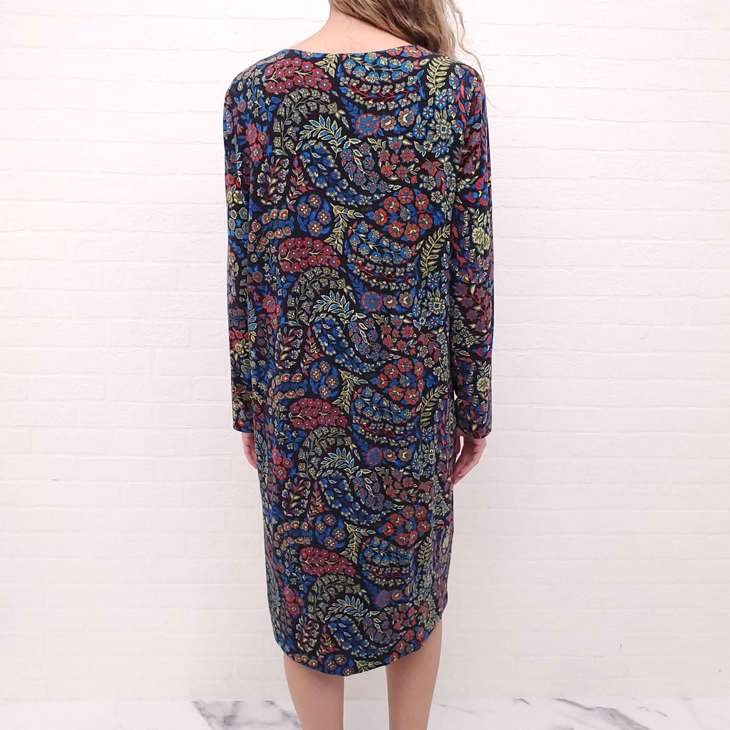 ETRO BLACK, BLUE, AND GREEN PATTERNED LONG SLEEVE MIDI DRESS - SIZE 46