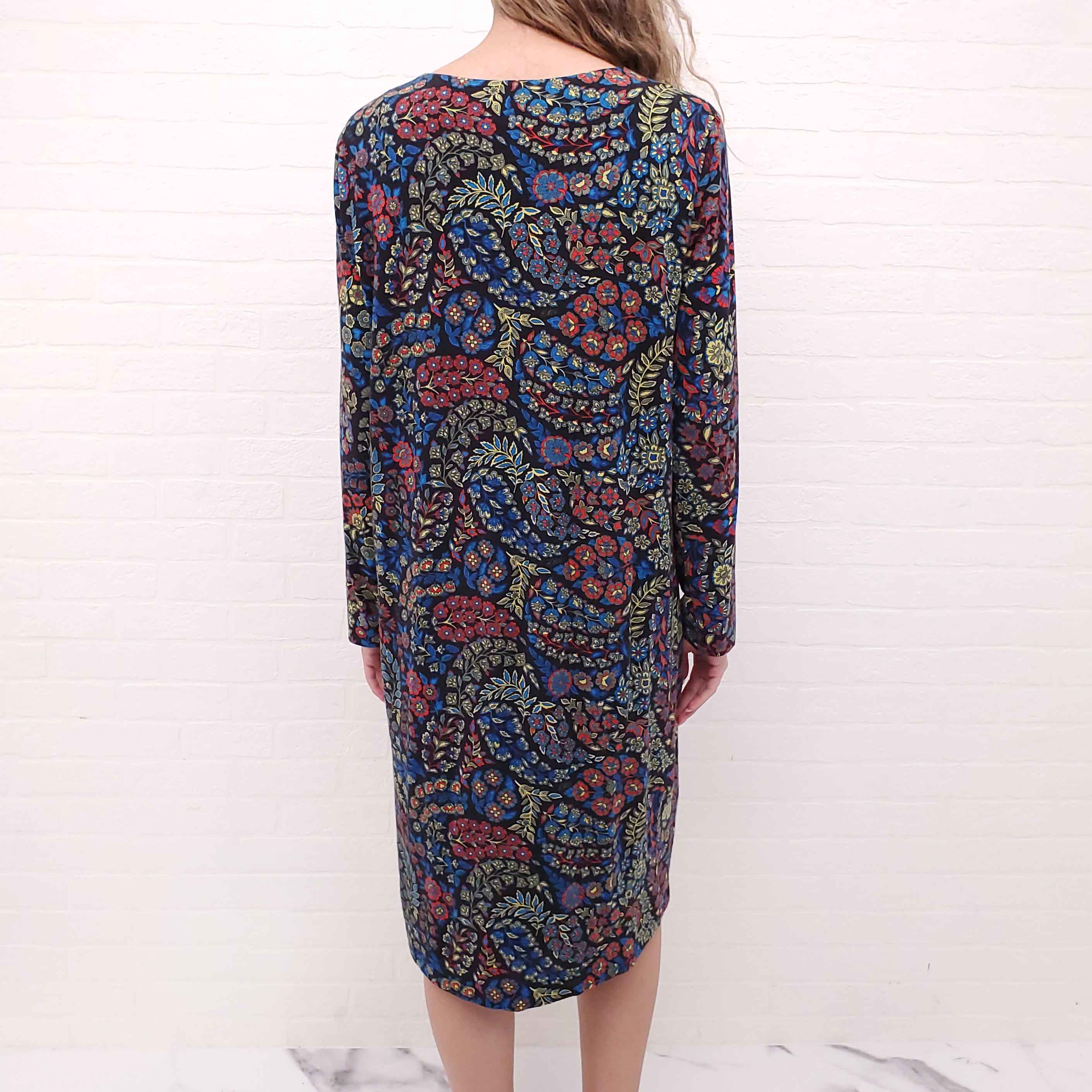 ETRO BLACK, BLUE, AND GREEN PATTERNED LONG SLEEVE MIDI DRESS - SIZE 46