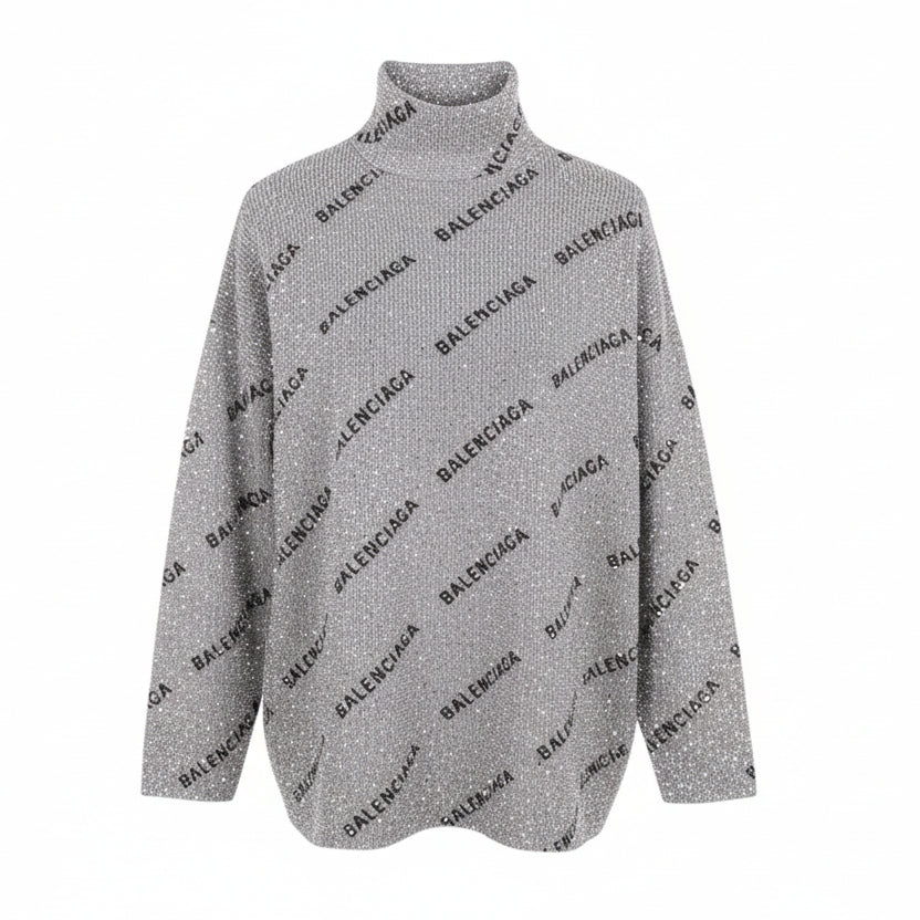 BALENCIAGA SILVER AND BLACK RHINESTONE LOGO TURTLENECK SWEATER - SIZE 2 (M)