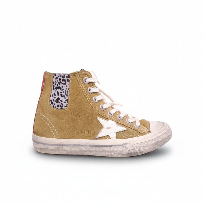 GOLDEN GOOSE V-STAR 1 SUEDE SNEAKERS WITH GREY LEOPARD DETAILS - SIZE 37