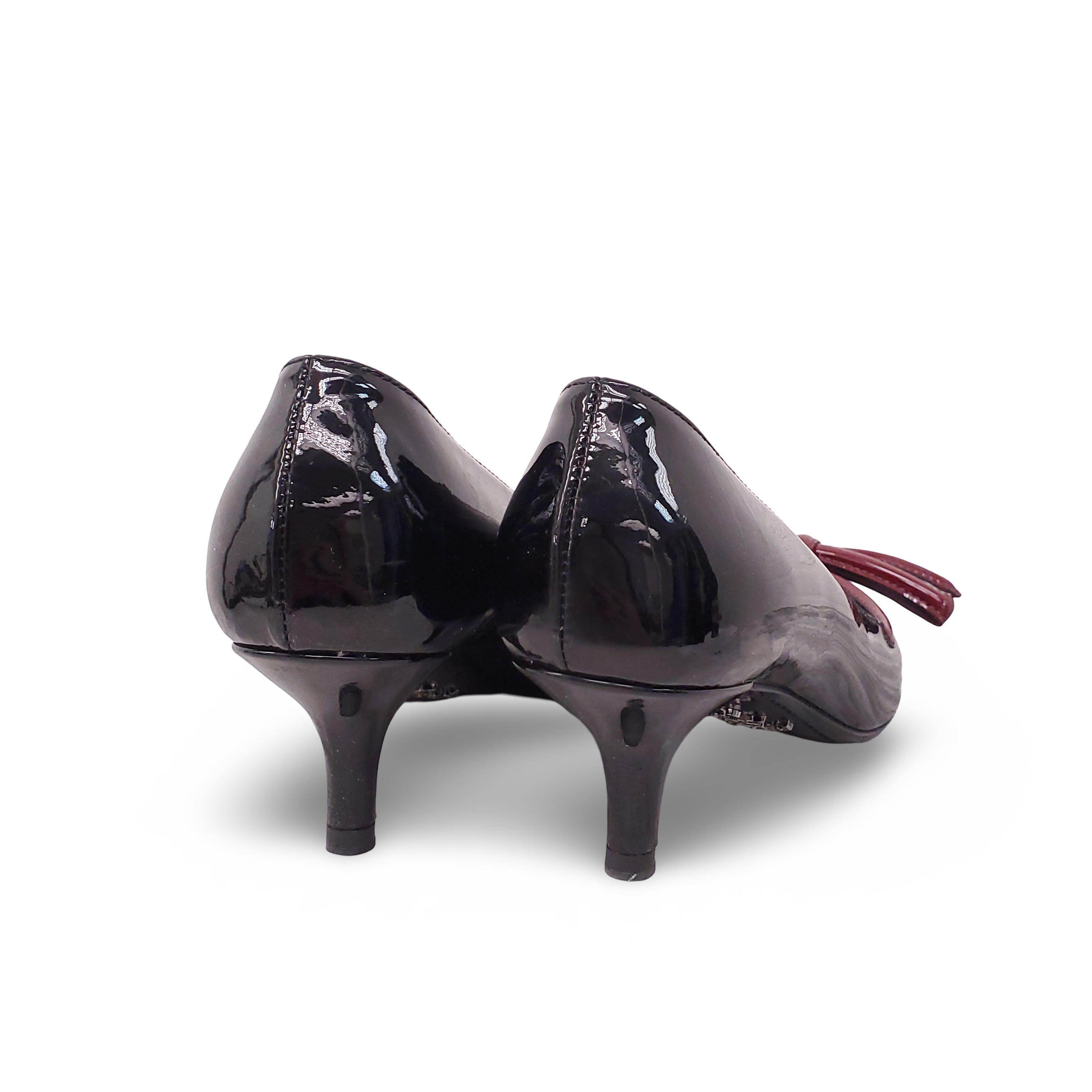 PRADA BLACK PATENT KITTEN HEELS WITH BURGUNDY BOW - SIZE 35.5