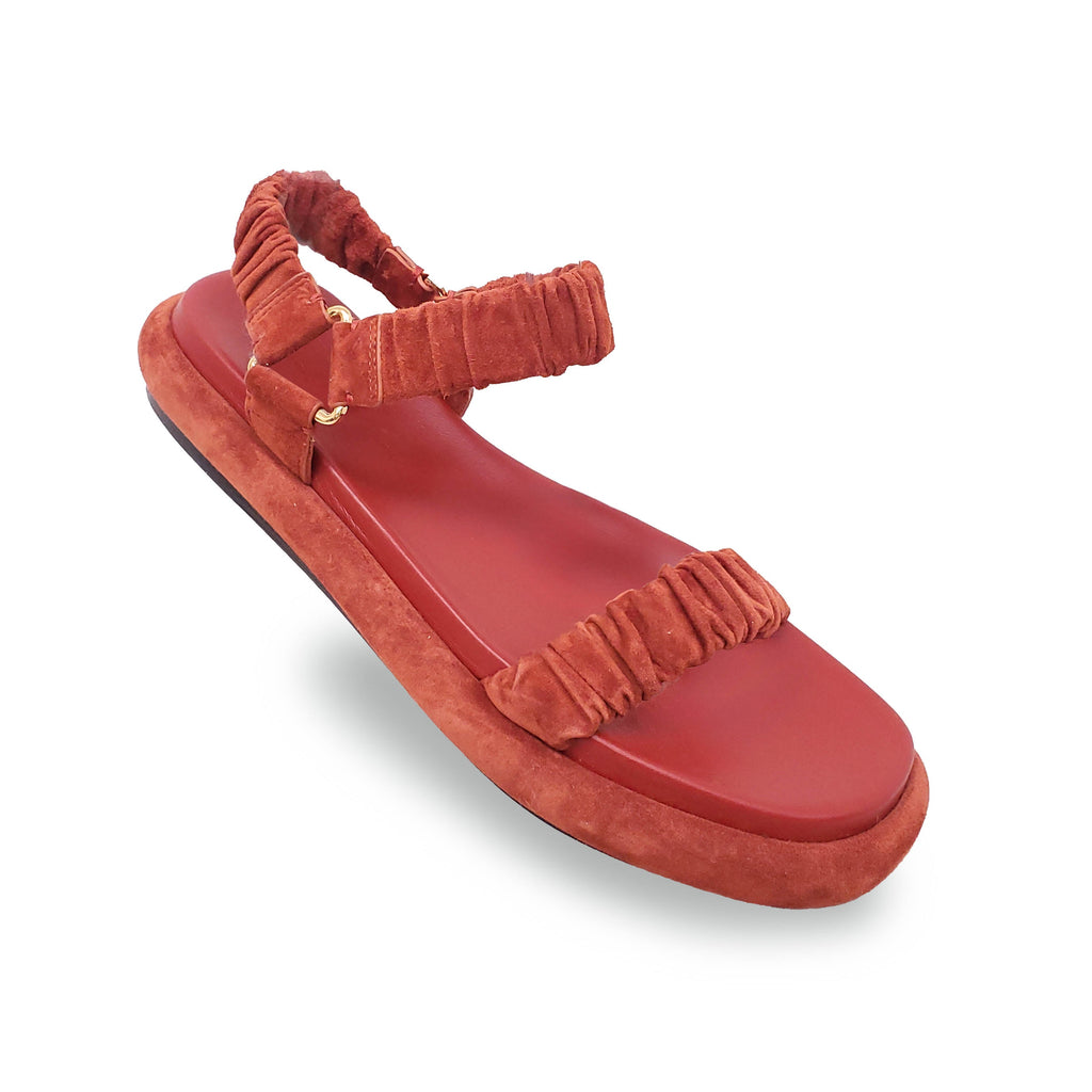 KHAITE RUST SUEDE RUCHED SANDALS - SIZE 38