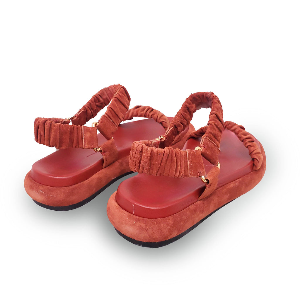 KHAITE RUST SUEDE RUCHED SANDALS - SIZE 38