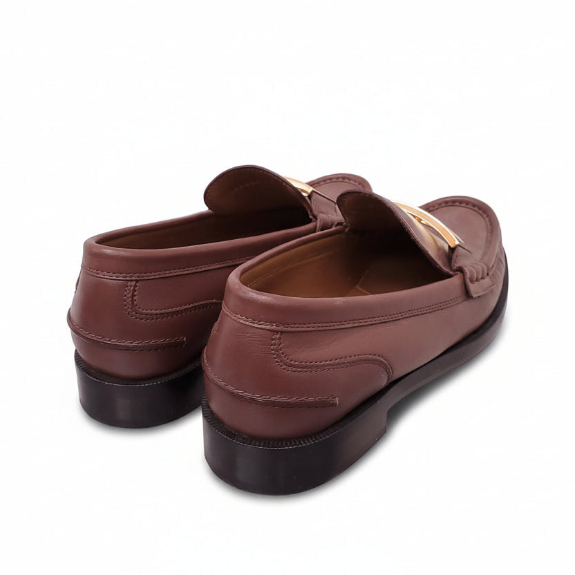 FENDI BROWN LEATHER LOAFERS WITH GOLD LOGO - SIZE 40
