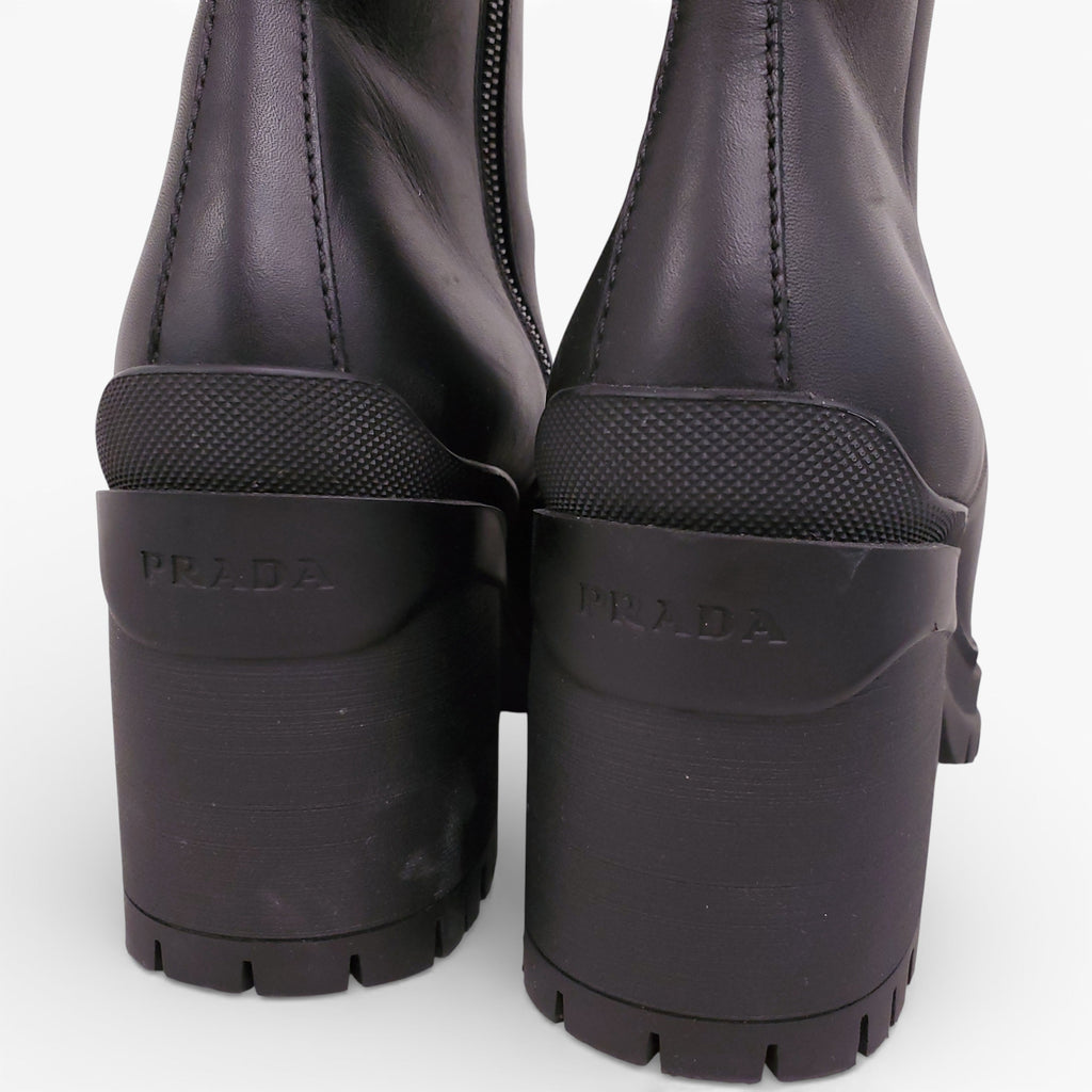 PRADA BLACK LEATHER BLOCK BOOTS WITH LOGO - SIZE 40.5