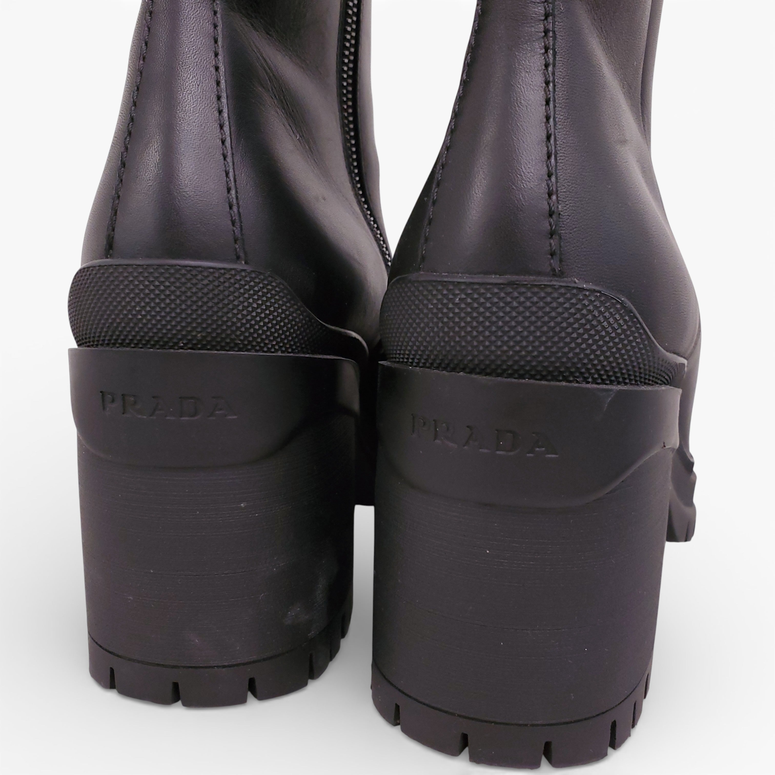 PRADA BLACK LEATHER BLOCK BOOTS WITH LOGO - SIZE 40.5