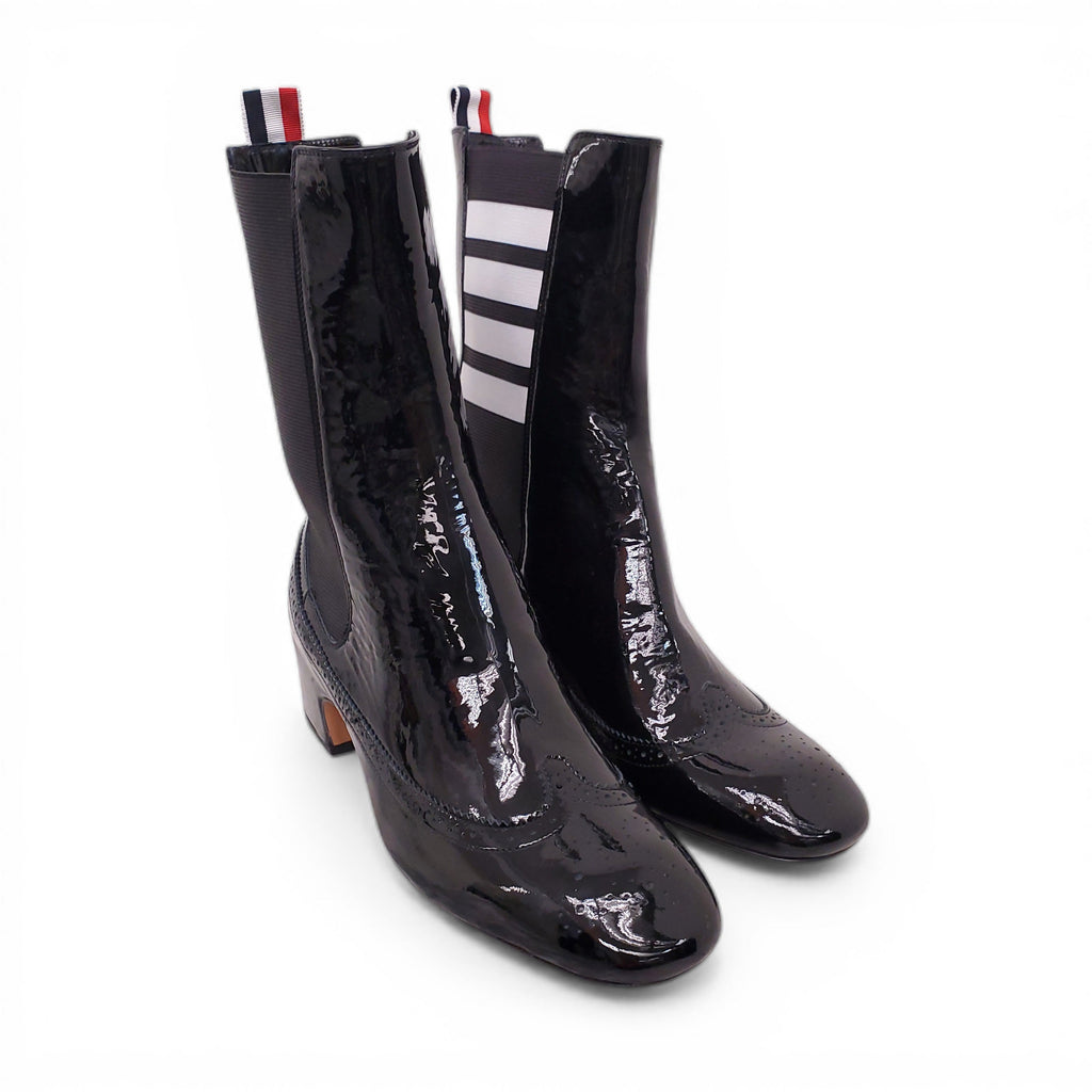 THOM BROWNE PERFORATED PATENT-LEATHER ANKLE BOOTS - SIZE 38.5