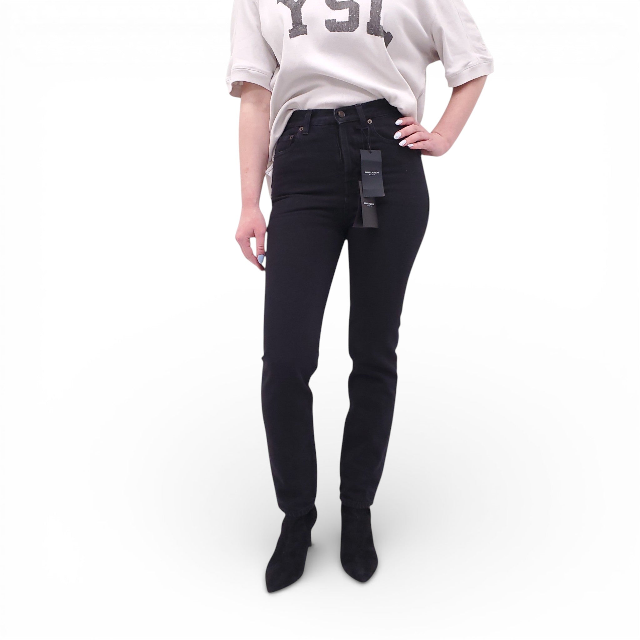 SAINT LAURENT BLACK HIGH-WAISTED DENIM JEANS - SIZE 26