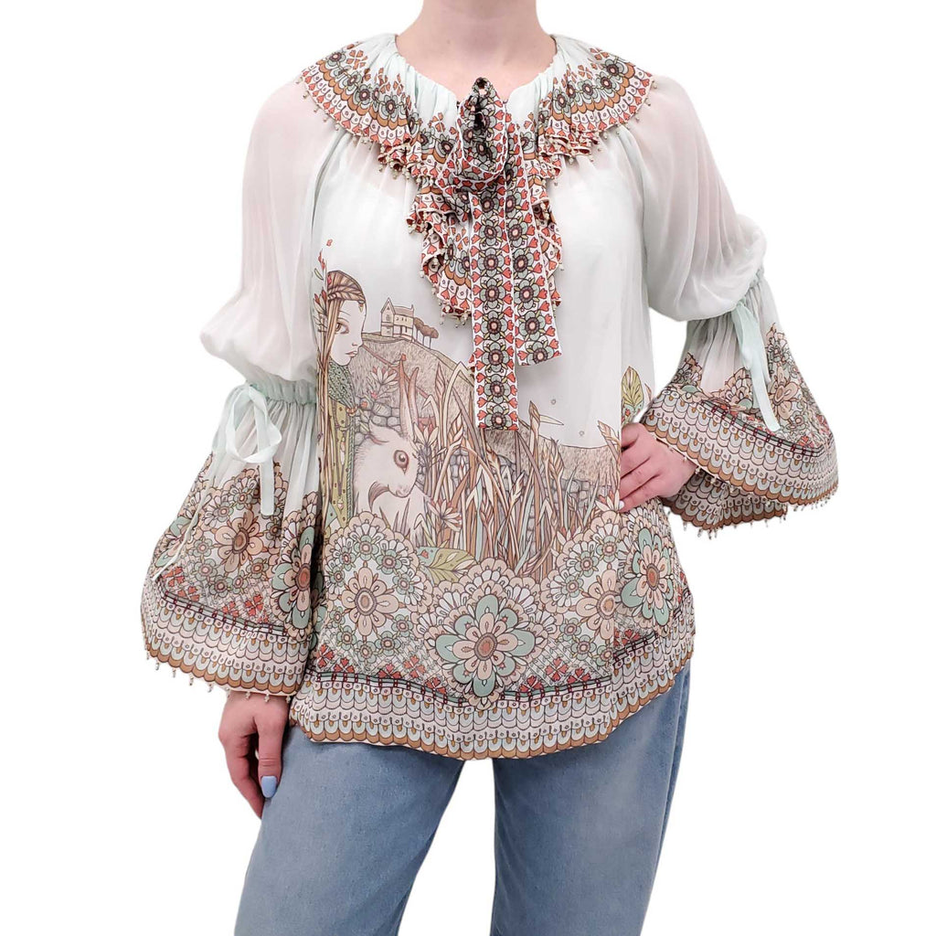 ZIMMERMANN TURQUOISE RUFFLE BLOUSE WITH BEADING - SIZE 1 (US 6)