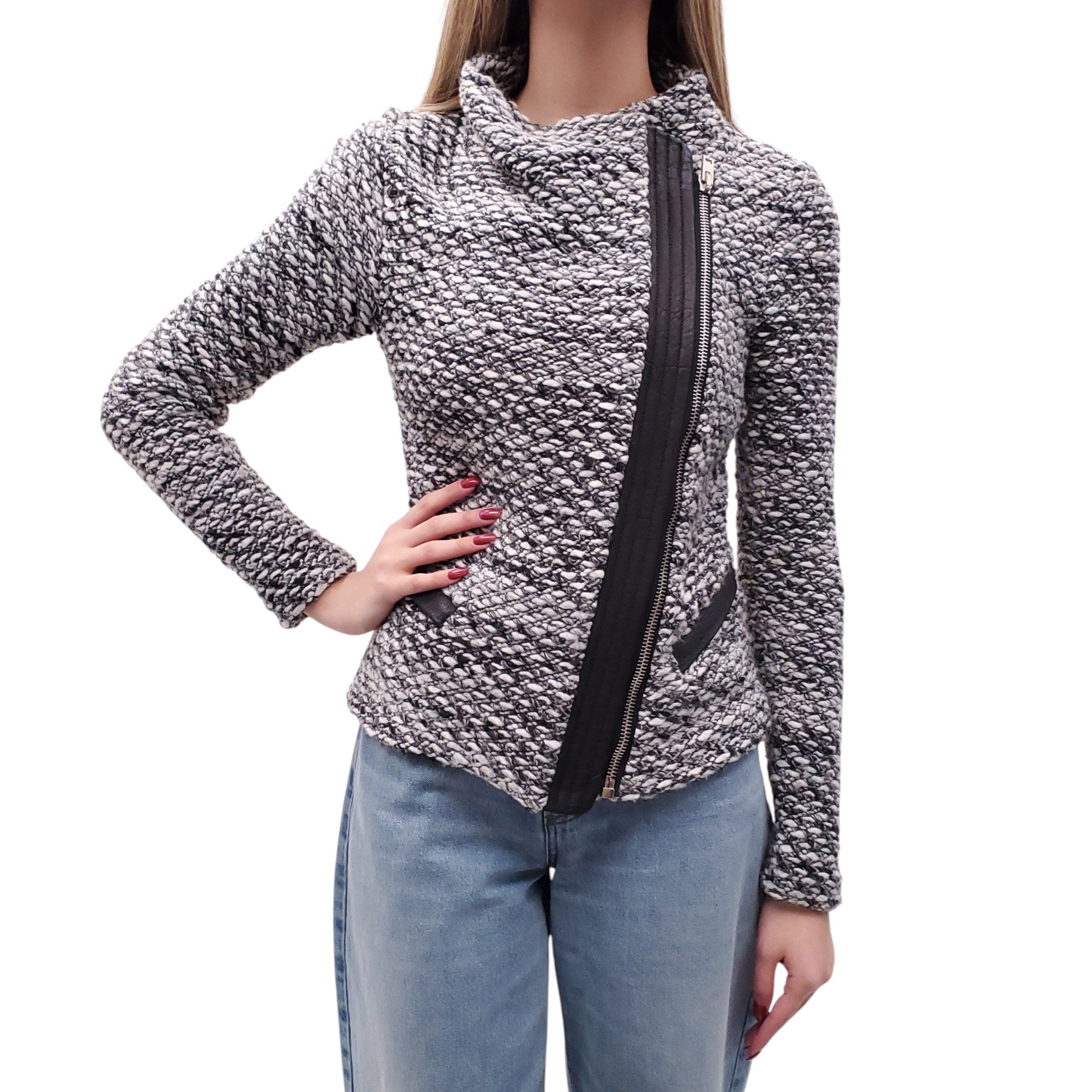 IRO KNIT JACKET WITH LEATHER ZIPUP DETAIL - SIZE 40