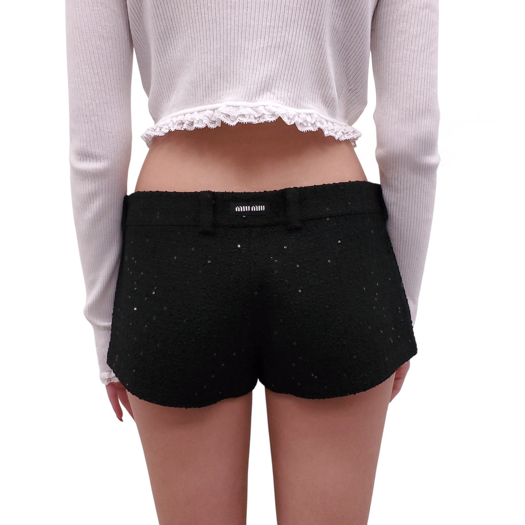 MIU MIU BLACK SEQUIN TWEED MINI SHORTS WITH LOGO - SIZE 42