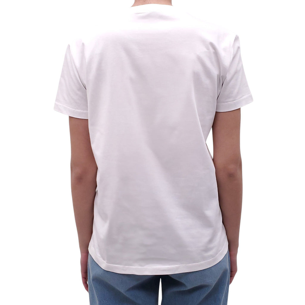 MIU MIU WHITE LOGO T-SHIRT WITH CRYSTAL AND PEARL BOW DETAILS - SIZE M