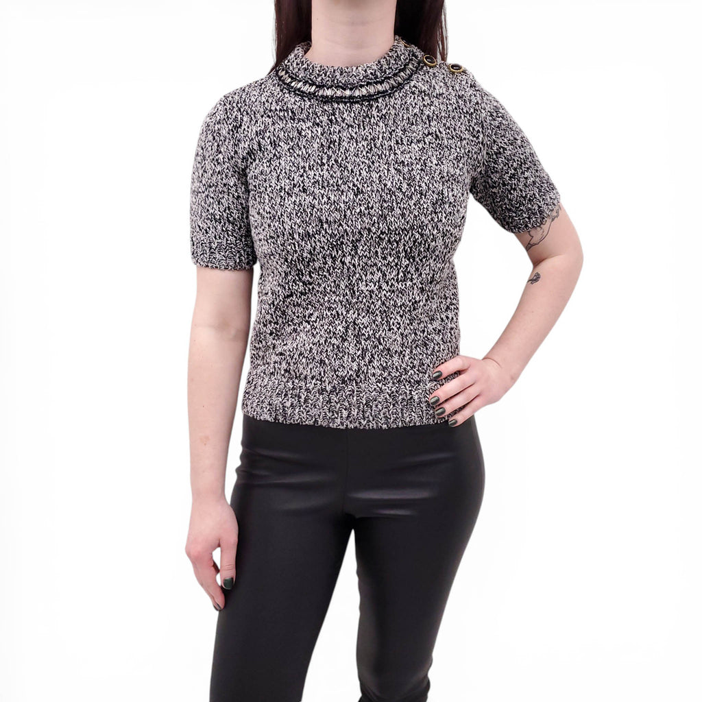 LOUIS VUITTON SALT AND PEPPER SHORT SLEEVE KNIT SWEATER WITH BEADS AND LOGO BUTTONS - SIZE XS