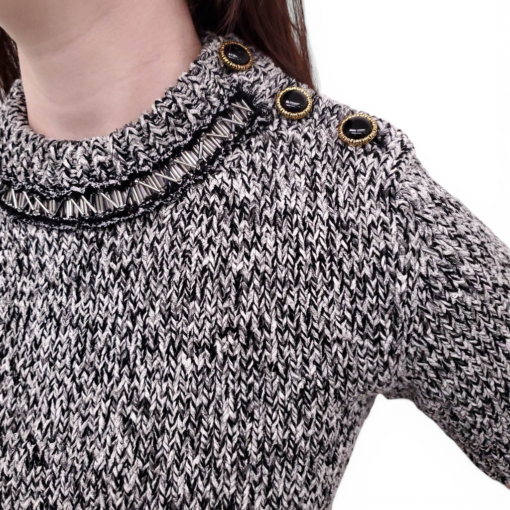 LOUIS VUITTON SALT AND PEPPER SHORT SLEEVE KNIT SWEATER WITH BEADS AND LOGO BUTTONS - SIZE XS
