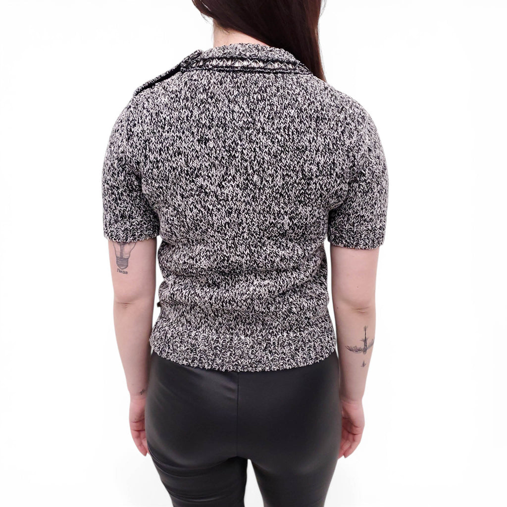 LOUIS VUITTON SALT AND PEPPER SHORT SLEEVE KNIT SWEATER WITH BEADS AND LOGO BUTTONS - SIZE XS