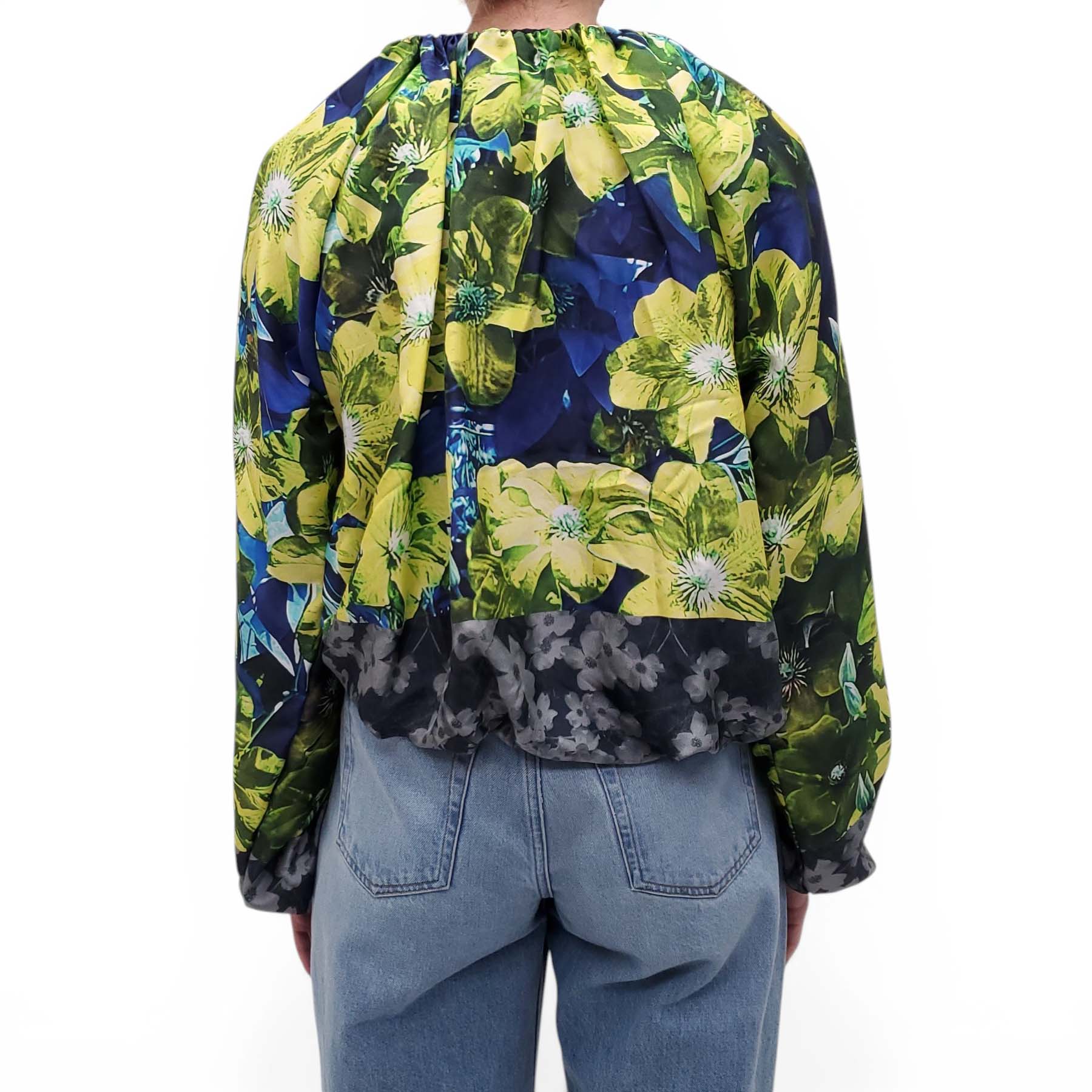 DRIES VAN NOTEN NAVY AND YELLOW FLORAL BUBBLE BLOUSE - SIZE S
