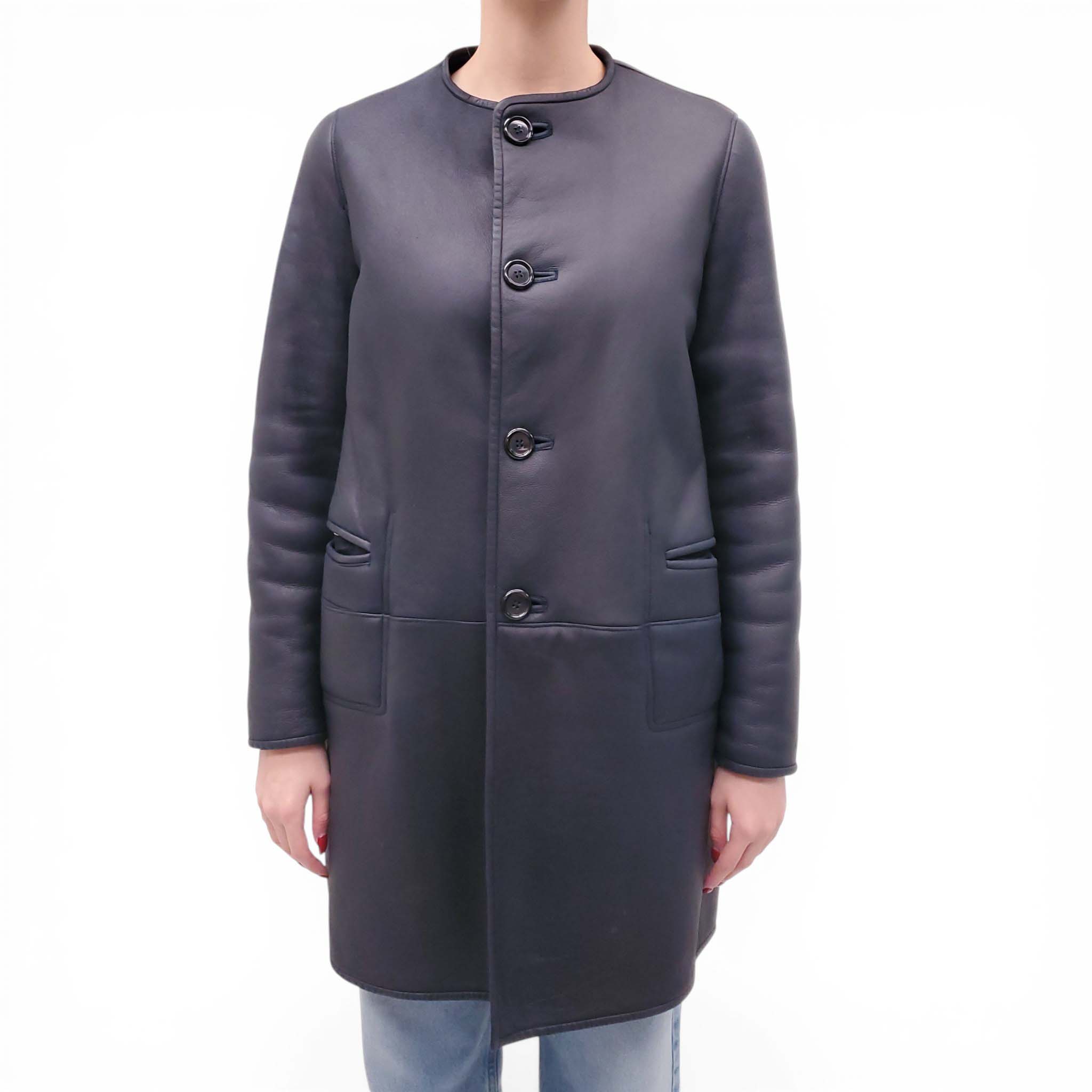 MARNI NAVY REVERSIBLE LEATHER AND SHEARLING COAT - SIZE 40