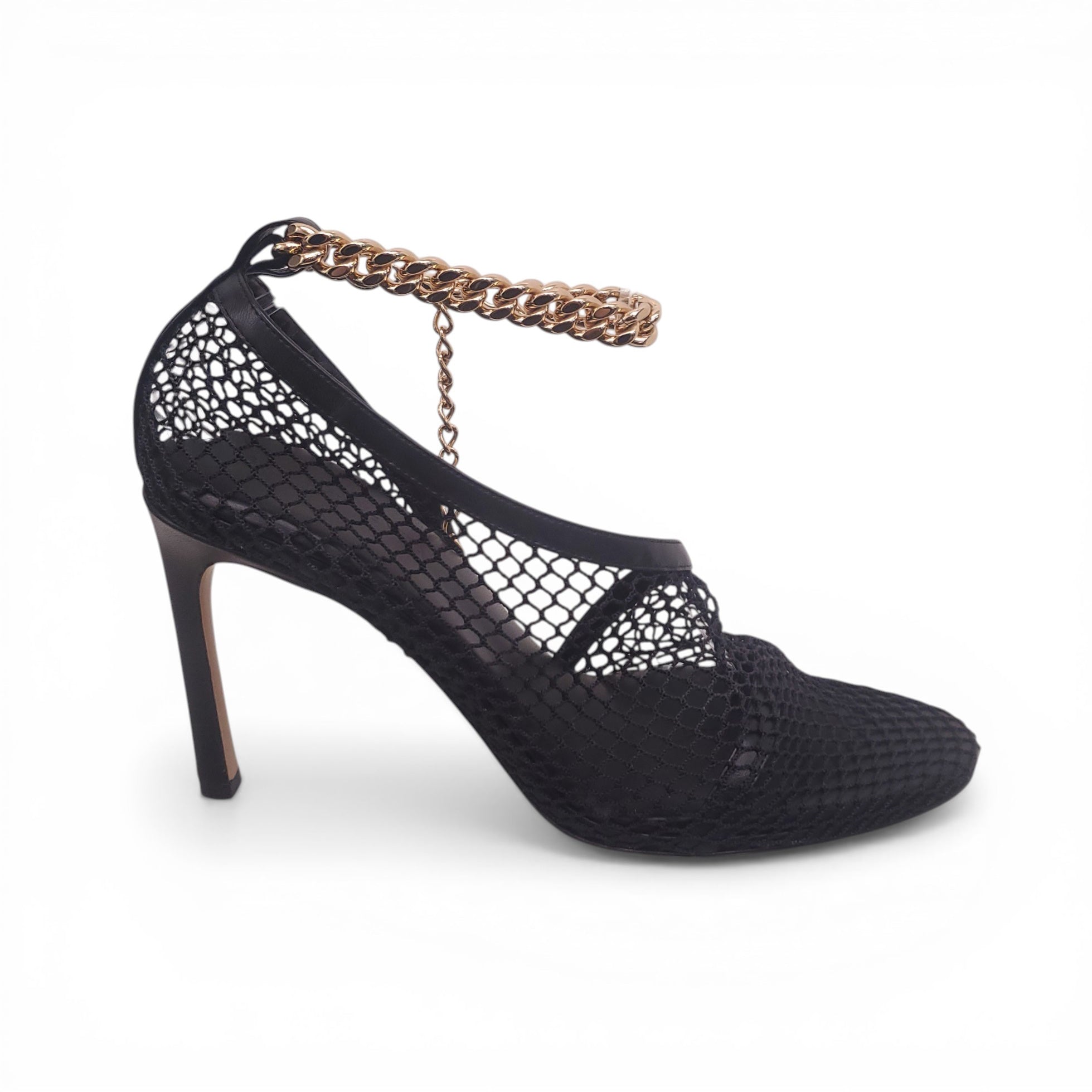 BOTTEGA VENETA BLACK MESH HEELS WITH GOLD CHAIN DETAIL - SIZE 40