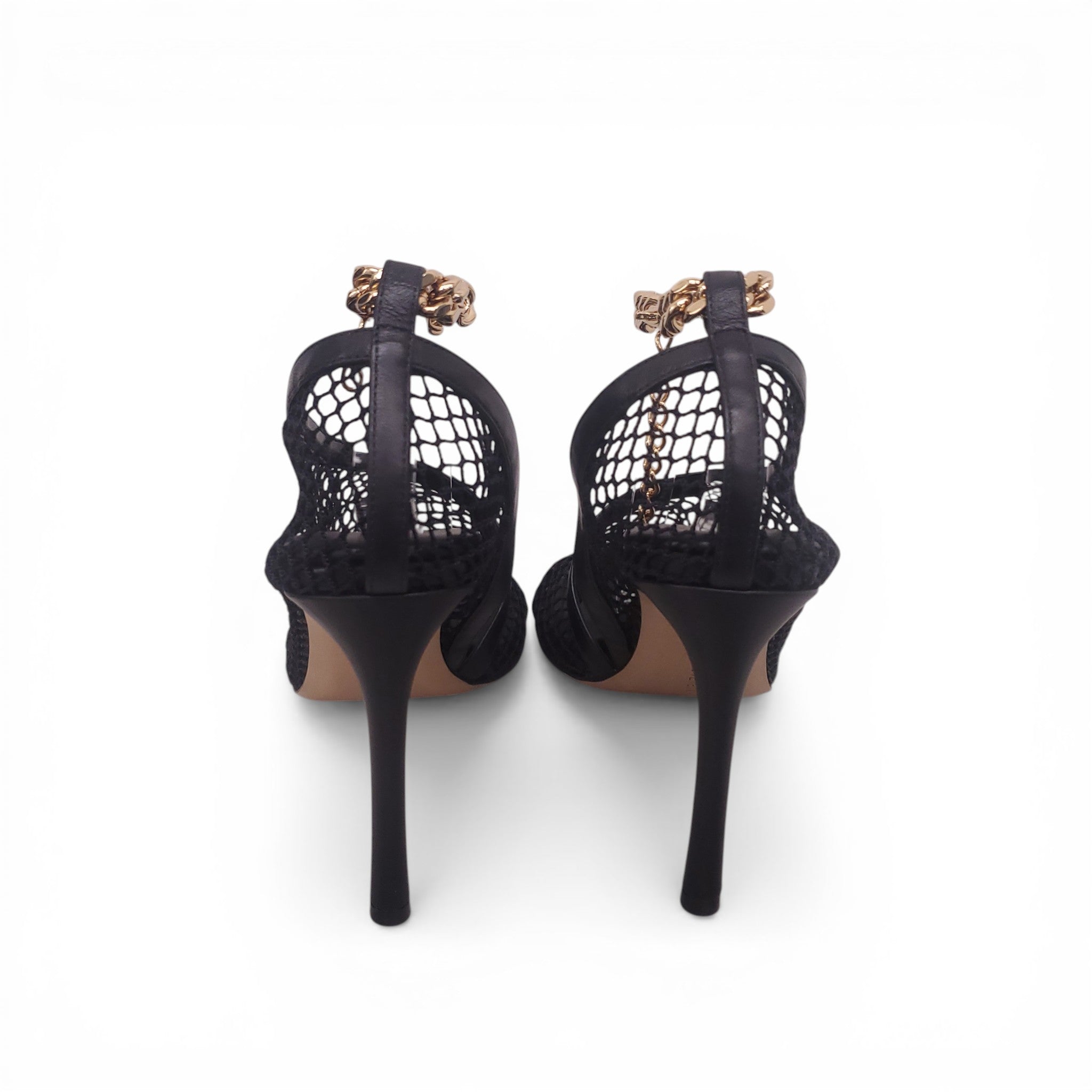 BOTTEGA VENETA BLACK MESH HEELS WITH GOLD CHAIN DETAIL - SIZE 40