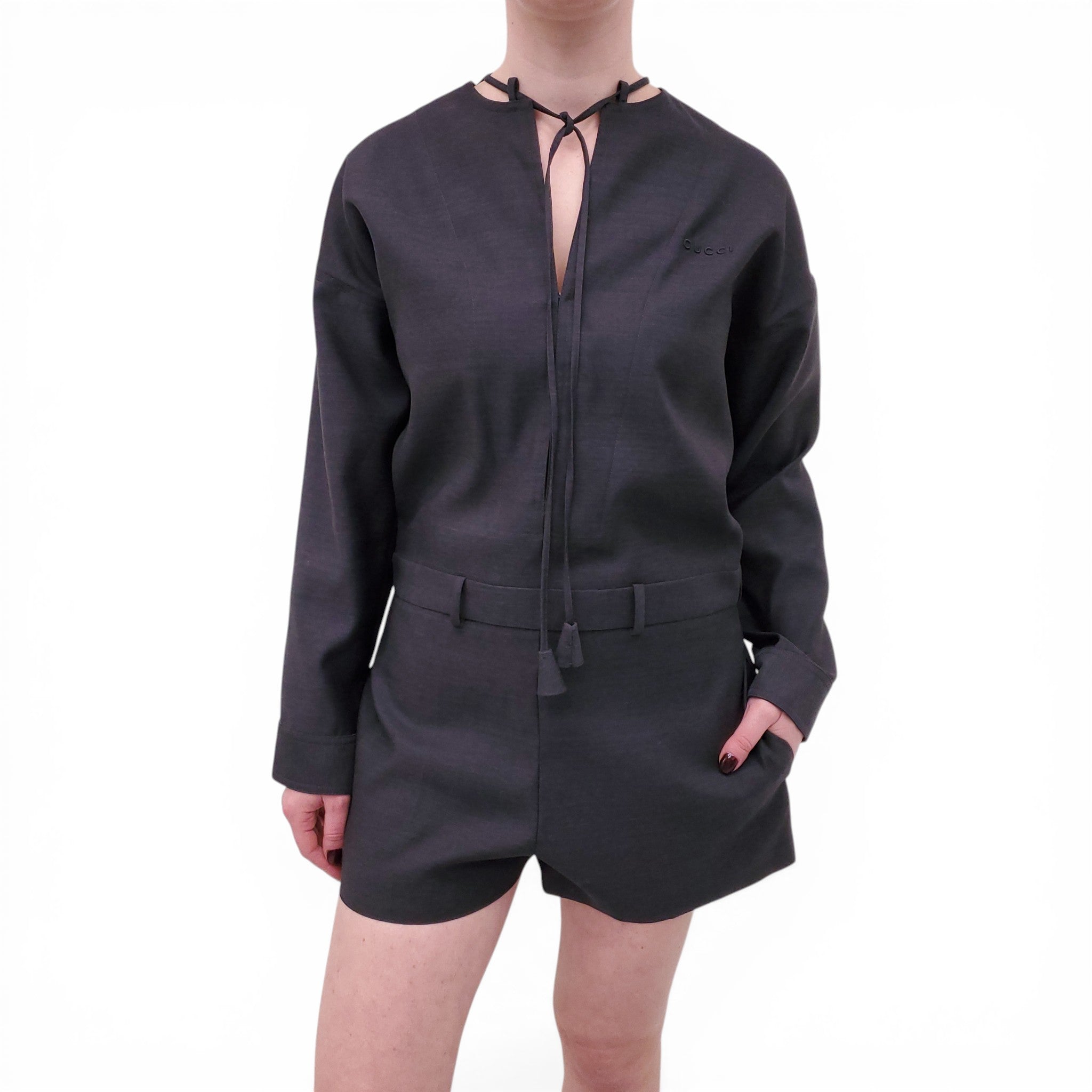 GUCCI GREY ROMPER WITH EMBOSSED LOGO - SIZE 40