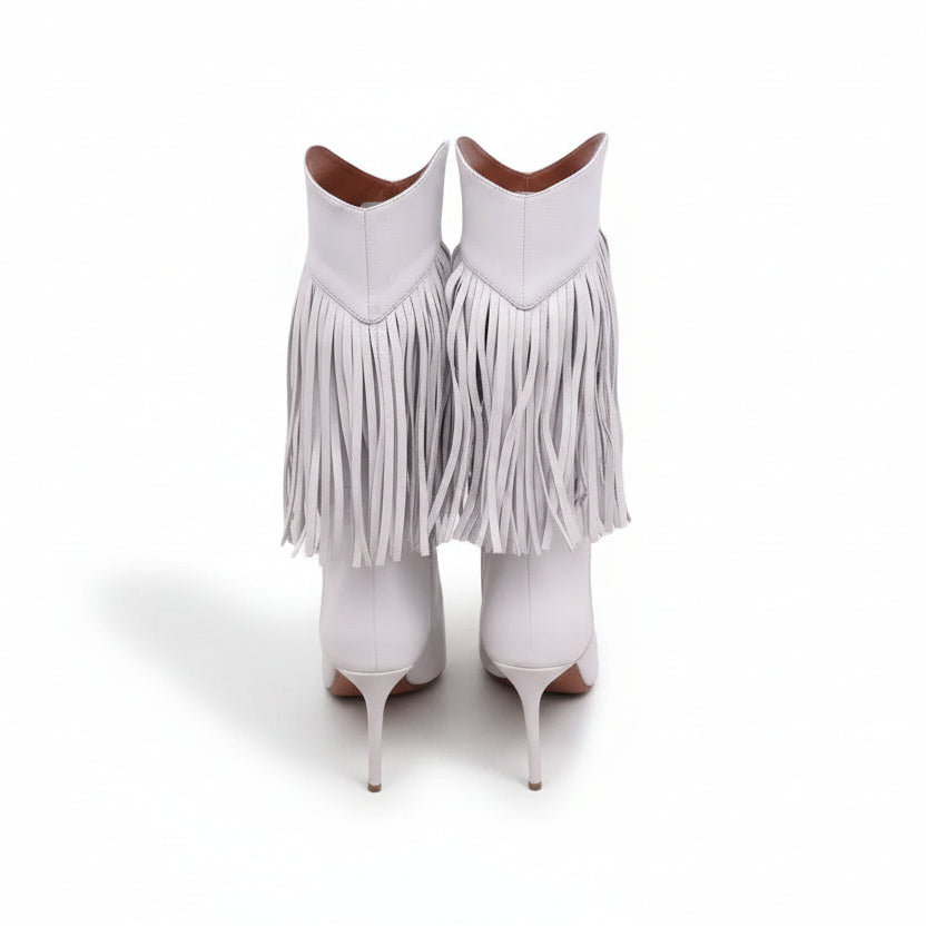 AMINA MUADDI WHITE WESTERN FRINGE BOOTS - SIZE 40