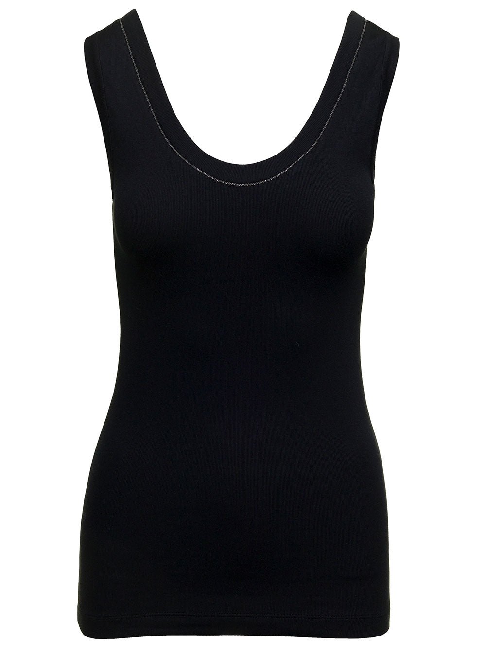 Brunello Cucinelli Women Black Top With Round Neckline And Monile Details In Cotton Women