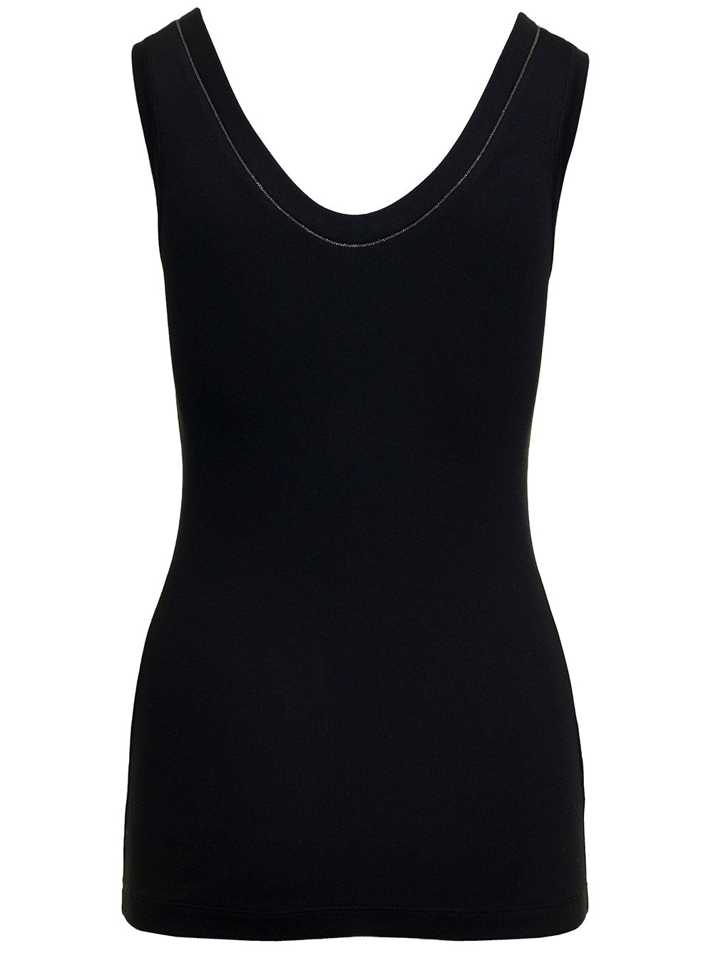 Brunello Cucinelli Women Black Top With Round Neckline And Monile Details In Cotton Women