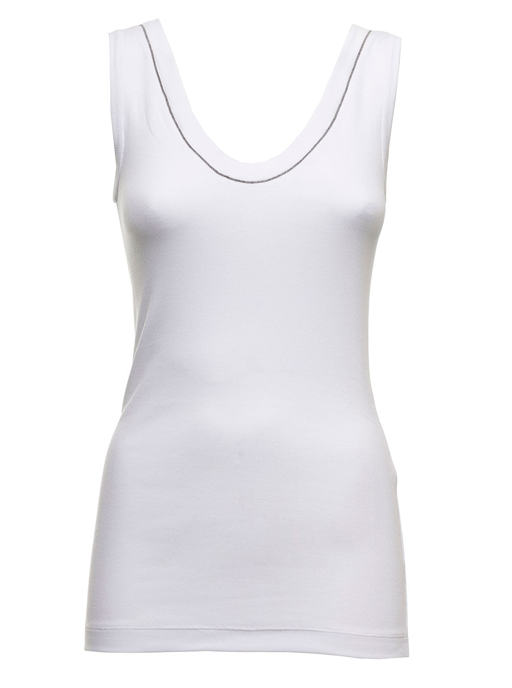 Brunello Cucinelli Women White Top With Round Neckline And Monile Details In Cotton For Women