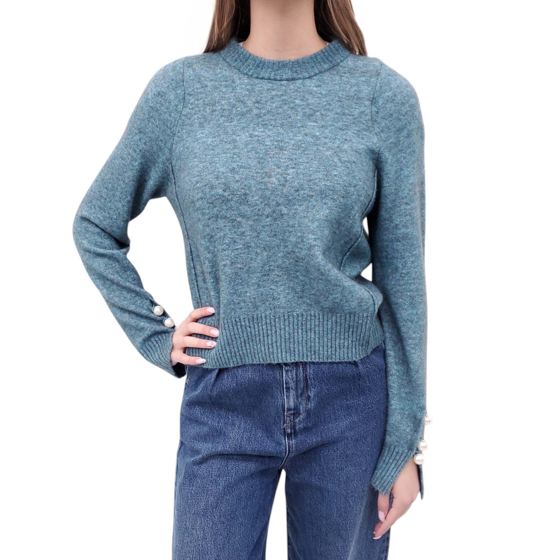 3.1 PHILLIP LIM TEAL SWEATER WITH PEARL DETAILS - SIZE S