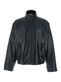 Bottega Veneta Men Black Bomber Jacket With High Collar With Intreccio Design In Leather For Men