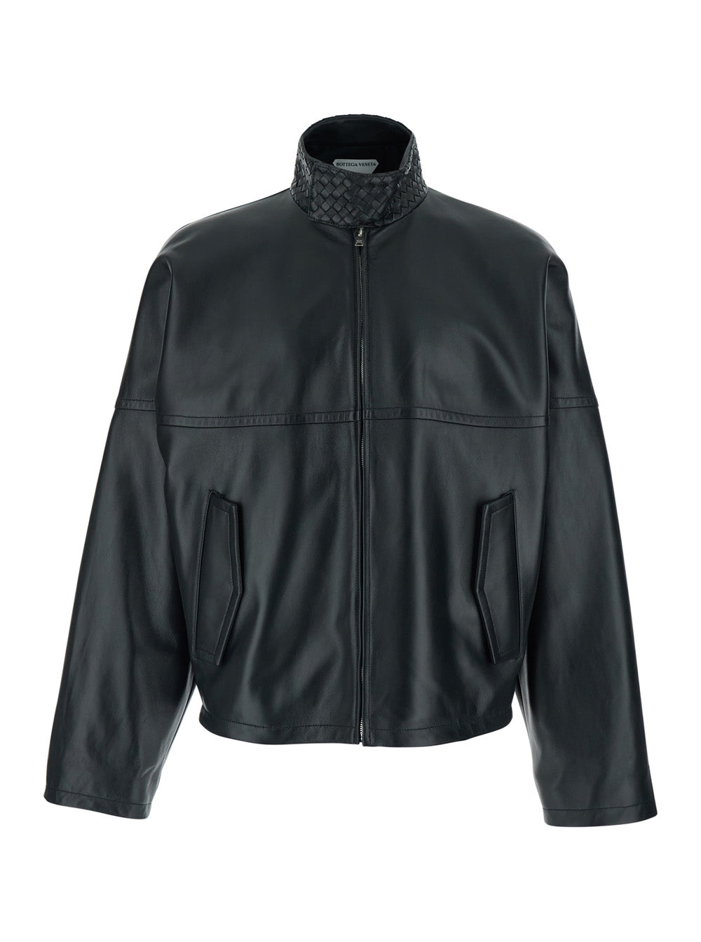 Bottega Veneta Men Black Bomber Jacket With High Collar With Intreccio Design In Leather For Men