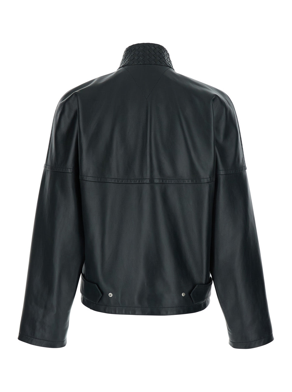 Bottega Veneta Men Black Bomber Jacket With High Collar With Intreccio Design In Leather For Men