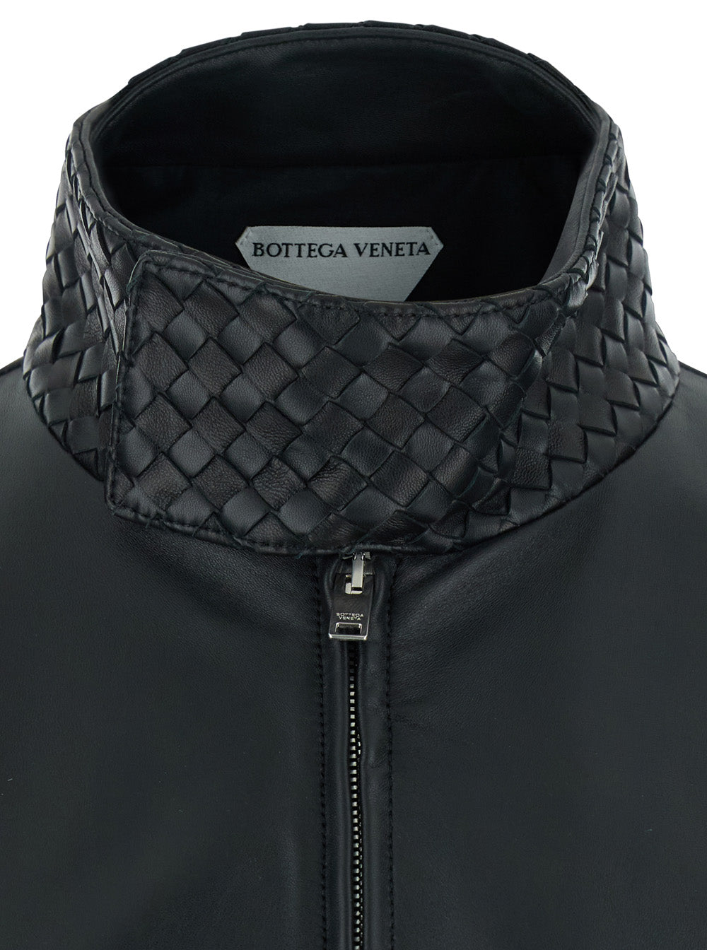 Bottega Veneta Men Black Bomber Jacket With High Collar With Intreccio Design In Leather For Men