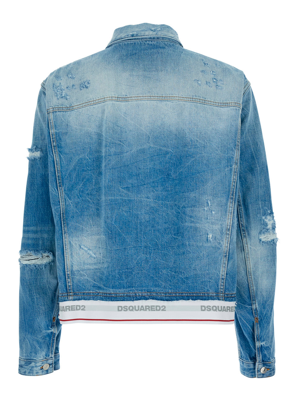 Dsquared2 Men Light Blue Jacket With Logo Band At The Waist And Ripped Design In Denim Men