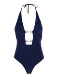 Gucci Women Blue One-Piece Swimsuit With Horsebit Plaque On The Front And Drawstring Closure In Tech Fabric For Women