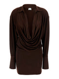 The Andamane Women 'Lilia' Brown Mini Dress With Deep V-Neck And Open Collar In Stretch Tech Fabric For Women