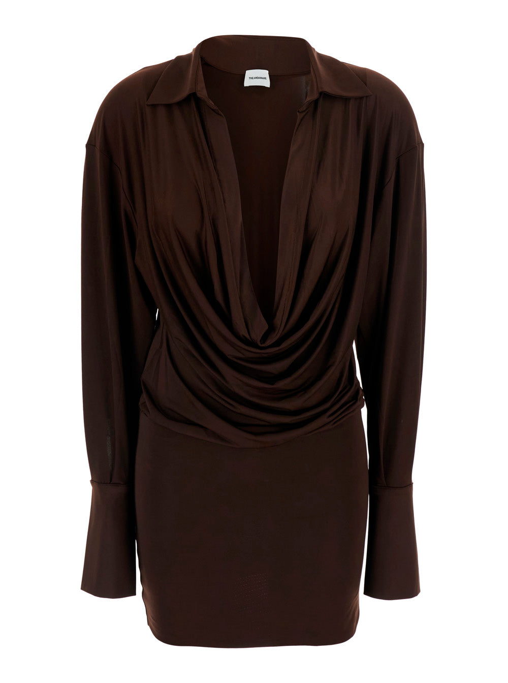 The Andamane Women 'Lilia' Brown Mini Dress With Deep V-Neck And Open Collar In Stretch Tech Fabric For Women