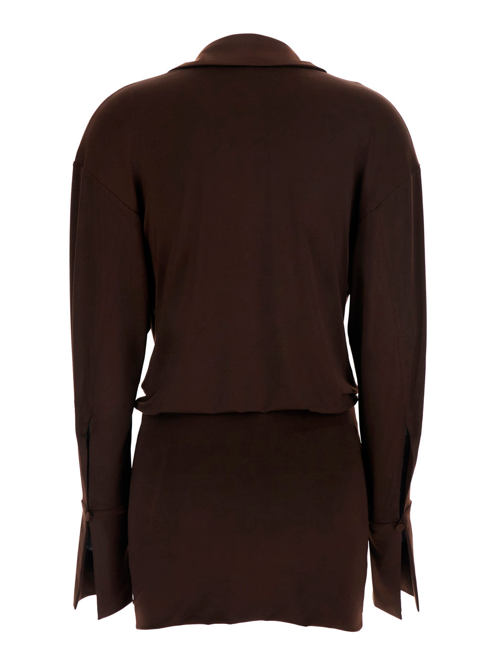 The Andamane Women 'Lilia' Brown Mini Dress With Deep V-Neck And Open Collar In Stretch Tech Fabric For Women