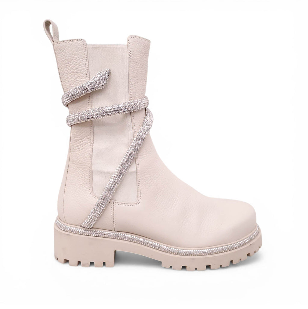 RENE CAOVILLA CREAM CRYSTAL WRAP BOOTS - SIZE 38.5