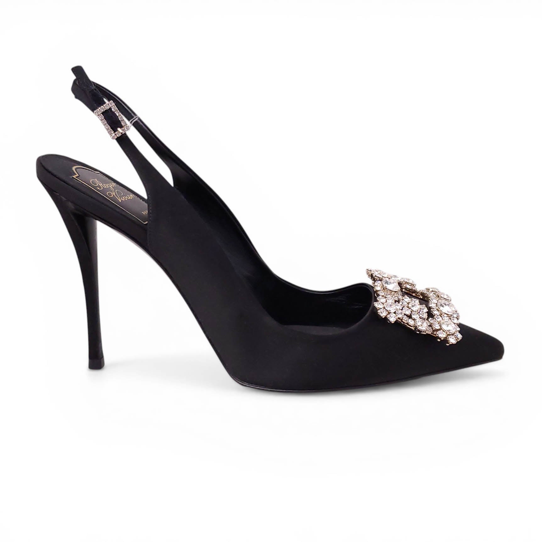 ROGER VIVIER BLACK SLINGBACK HEELS WITH CRYSTAL EMBELLISHMENT - SIZE 40.5