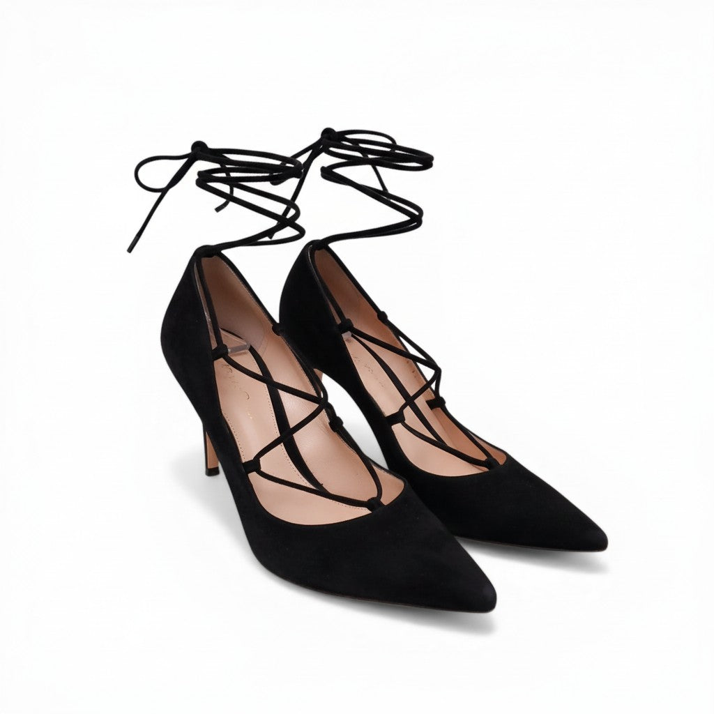 GIANVITO ROSSI BLACK LACE UP POINTED TOE HEELS - SIZE 38.5
