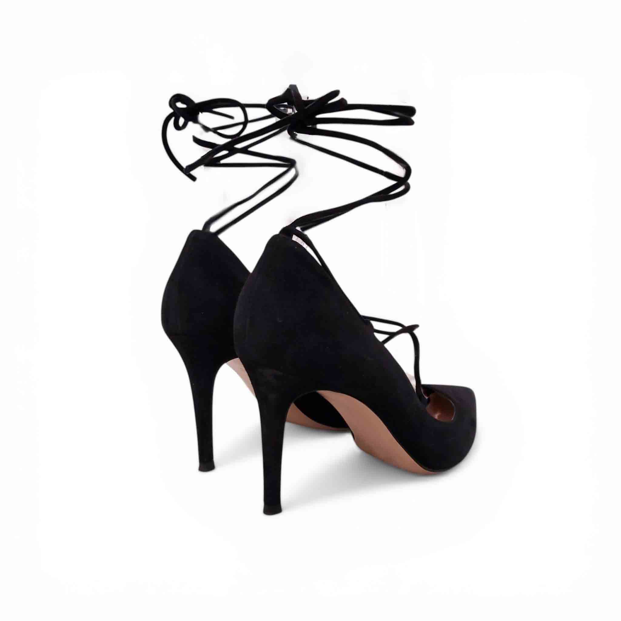 GIANVITO ROSSI BLACK LACE UP POINTED TOE HEELS - SIZE 38.5