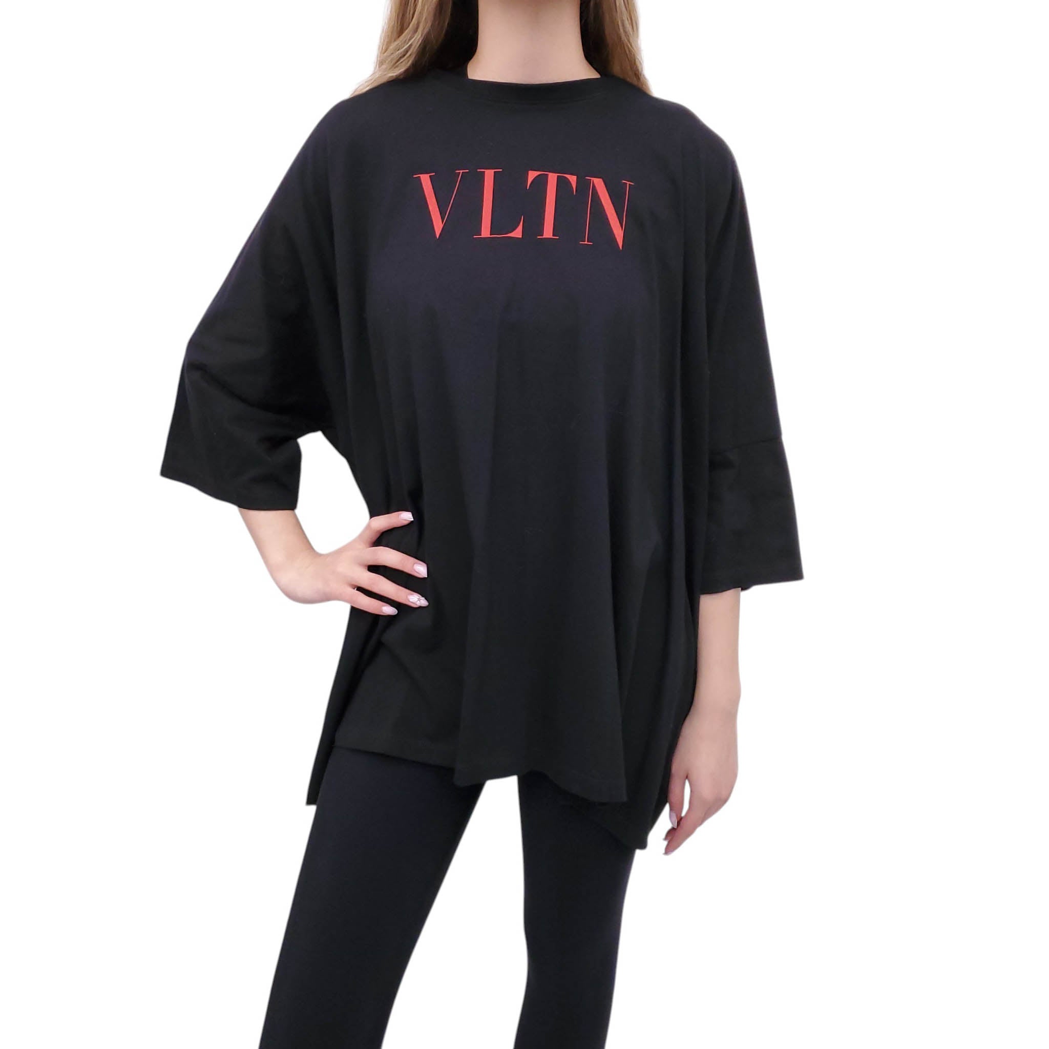 VALENTINO BLACK AND RED OVERSIZED LOGO TUNIC T-SHIRT - SIZE M