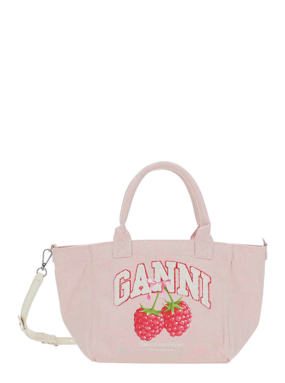 Ganni Women Pink Small Tote Bag With Raspberry Print And Logo Lettering On The Front In Cotton For Women