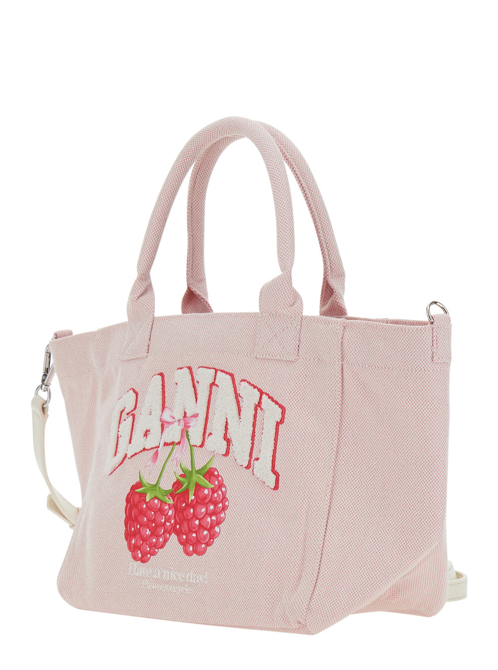 Ganni Women Pink Small Tote Bag With Raspberry Print And Logo Lettering On The Front In Cotton For Women