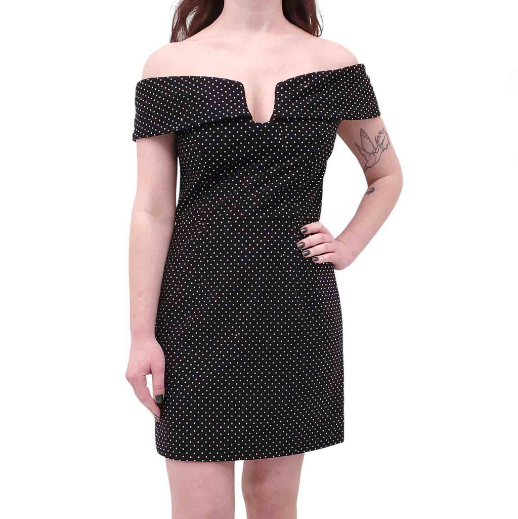 REBECCA VALLANCE BLACK RHINESTONE OFF THE SHOULDER MINI DRESS - SIZE US 6